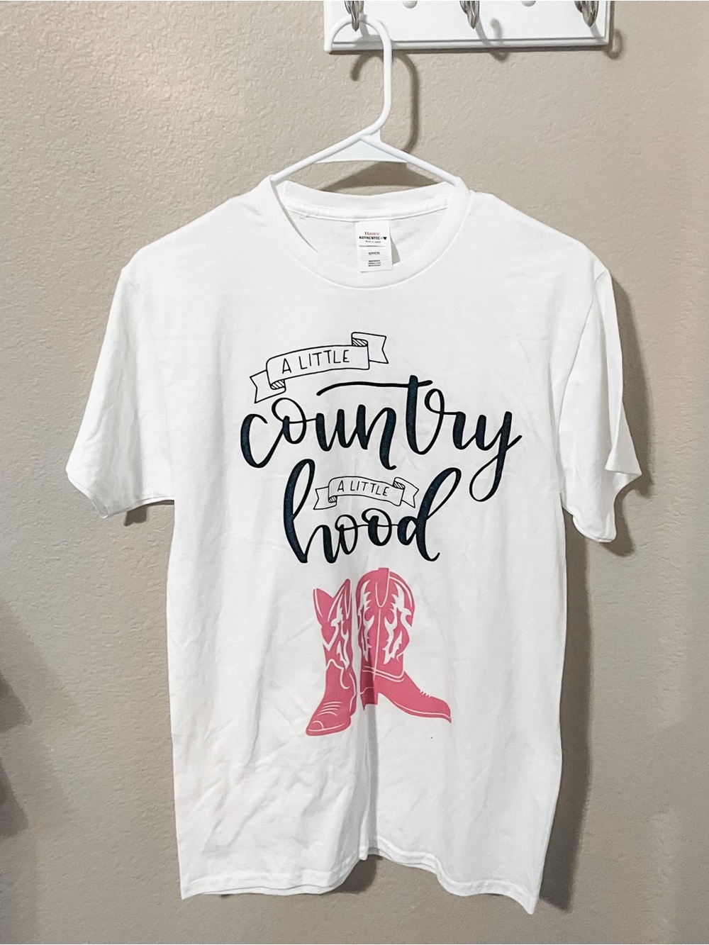 White "A Little Country A Little Hood" Graphic Tee with Pink Boots